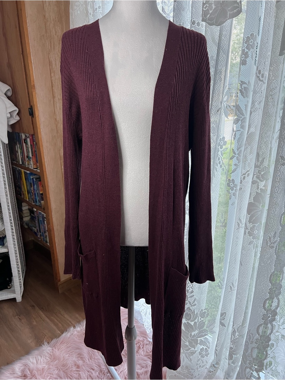 Kismet Long Open-Front Plum Ribbed Cardigan Plus Size XXL